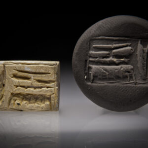 An Egyptian Steatite Double Sided Stamp Seal with a Hieroglyph and a Hybrid Creature
